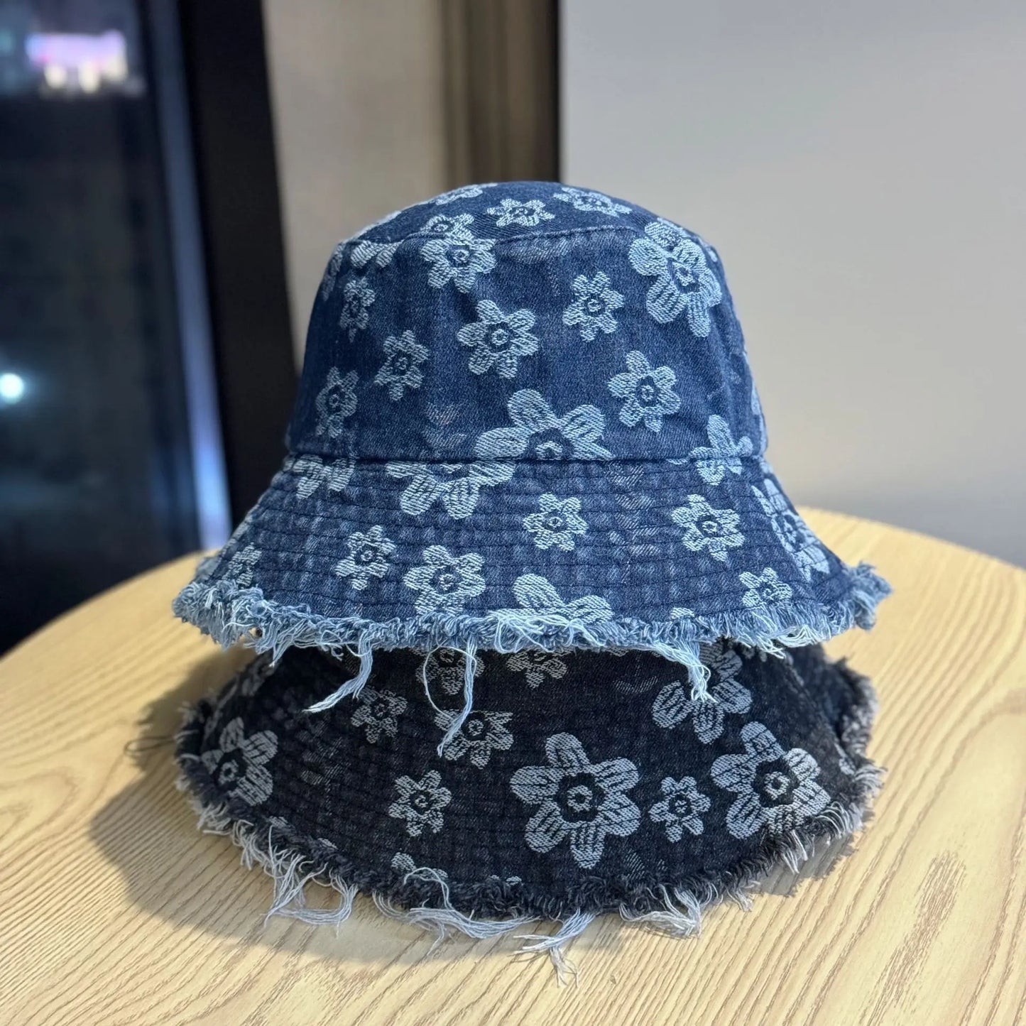 New Summer Embroidery Flower Washed Denim Bucket Hat