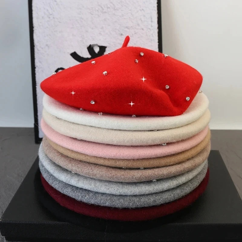 Luxury Rhinestone Wool Thick Berets For Women Autumn Winter Ladies Bling Beret