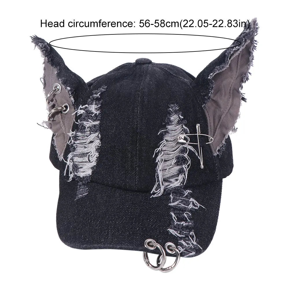 Rabbit Ripped Denim Baseball Cap Puppy Y2K Chains Doberman Ears Hat