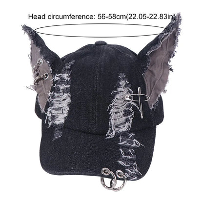 Rabbit Ripped Denim Baseball Cap Puppy Y2K Chains Doberman Ears Hat