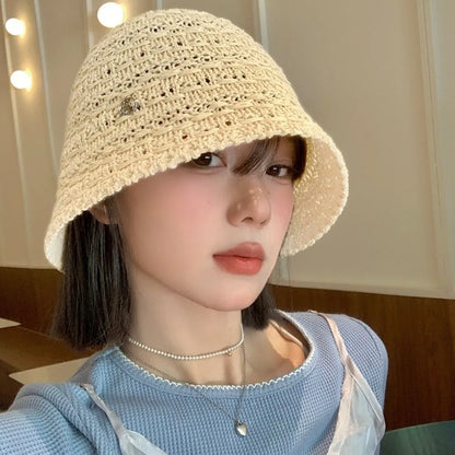 Fashion Summer Straw Sun Hat Wide Brim Hollow Straw Bucket Hat