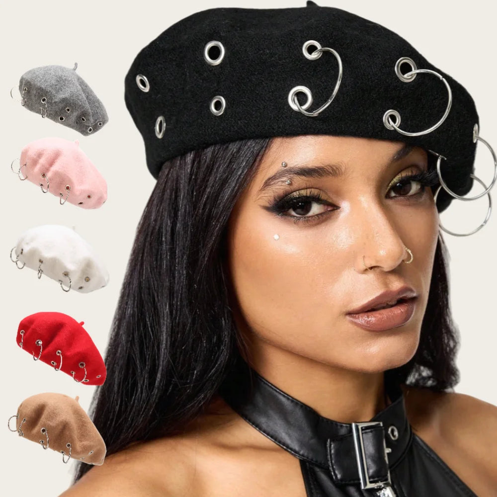 Personality Punk Style Beret Hat With Circular Hollow Rivet, Y2k Newsboy Caps