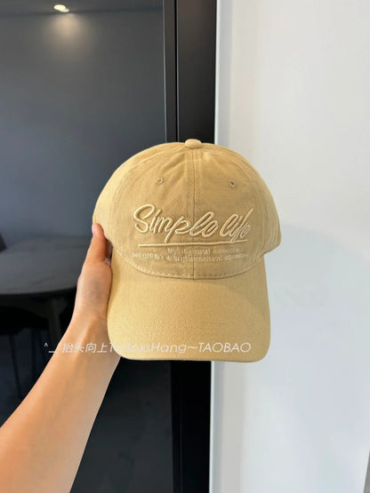 Retro Blue Embroidered Letter Wide Brim Baseball Cap Korean Style Sunshade Outdoor Sports Circumference Hat