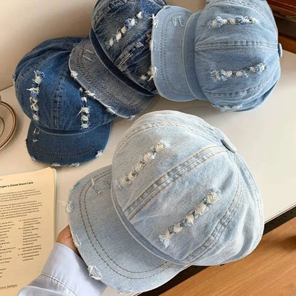 Retro Octagonal Cap Beret Women Washed Denim Newsboy Hat