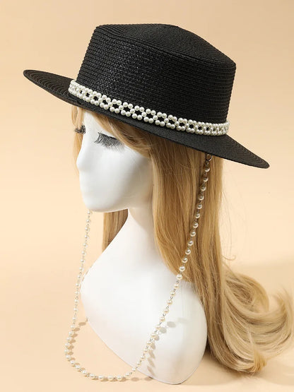 Chic Pearl Flat Top Straw Hat - Women's Summer Black Fashion Sun Hat