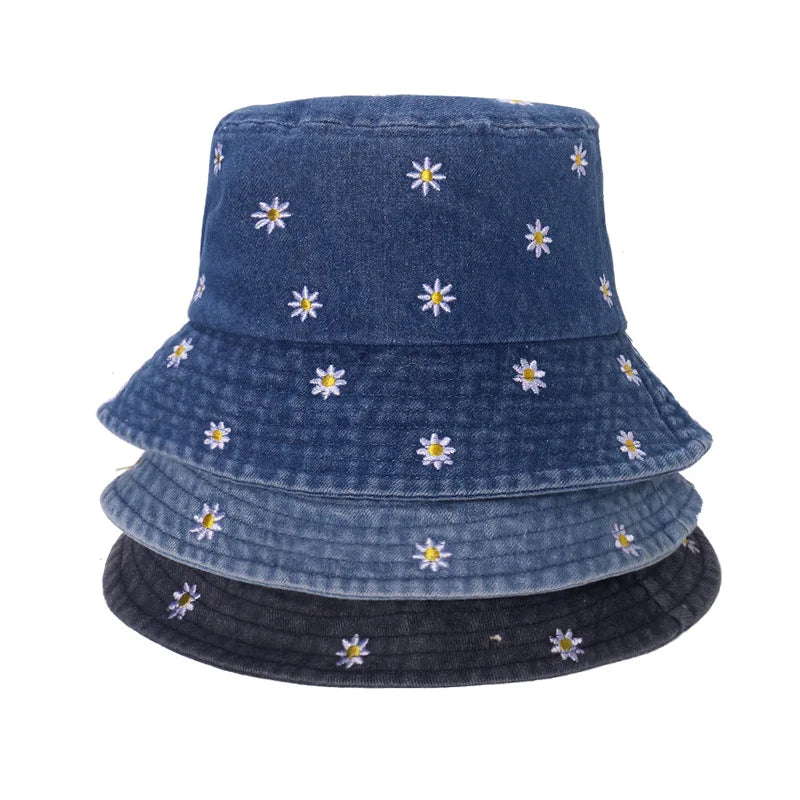 Popular Little Daisy Embroidered Cotton Summer Jeans Bucket Hat