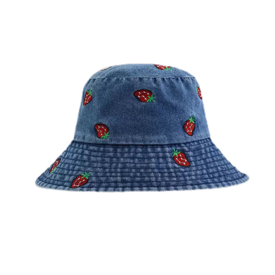Spring Summer Strawberry Embroidery Denim  Bucket Hat