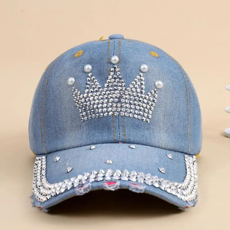 Baseball Cap Women Retro Street Crown Beads Denim