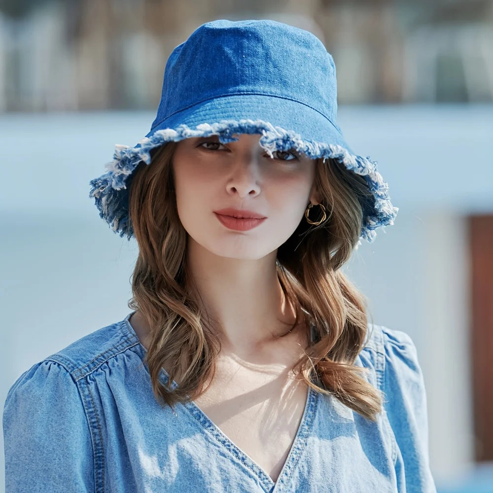 Neutral Denim Bucket Hat Fashionable Sun Protection Caps