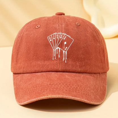 Poker Card Printed Washed Baseball Cap for Vacation, Travel, Camping and Leisure