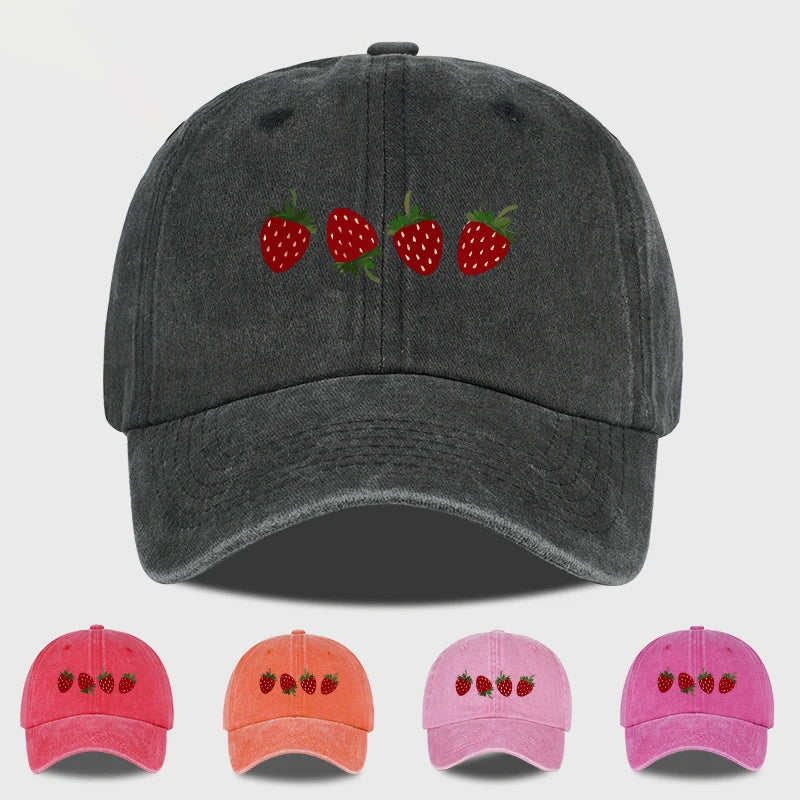 Strawberry Print Washed Baseball Cap Lightweight Breathable Adjustable Unisex Summer Casual Hat Sun Hat