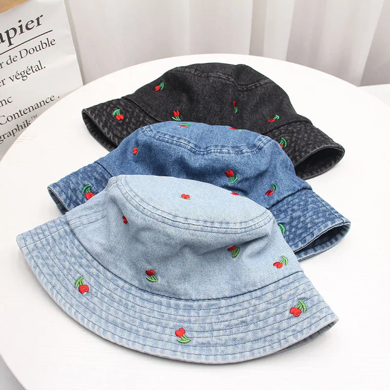 Summer Embroidery Cherry Washed Denim Bucket Hat For Women