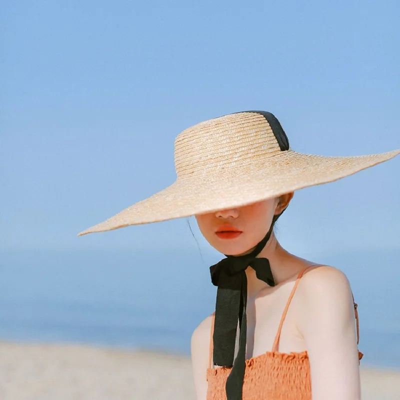 Summer Big Natural Straw Hats For Women Hand Made Wide Brim Beach Visor Caps