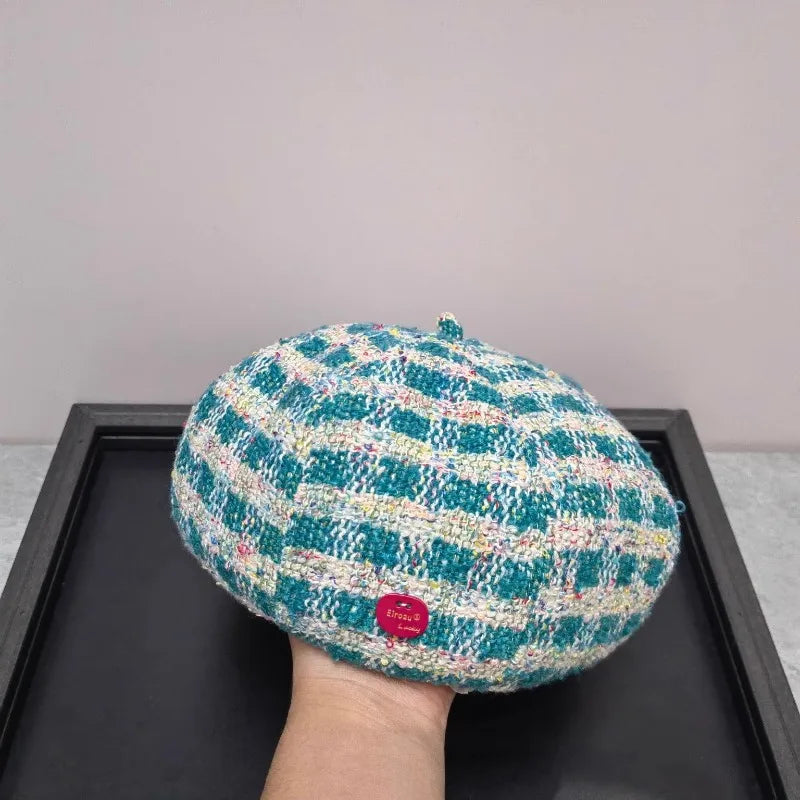 Autumn And Winter Color Plaid Korean Women Beret Cap