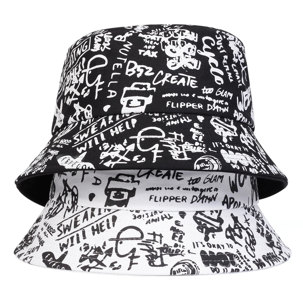 Unisex 88 Black White Graffiti Print Personality Bucket Hats Fishermen Caps