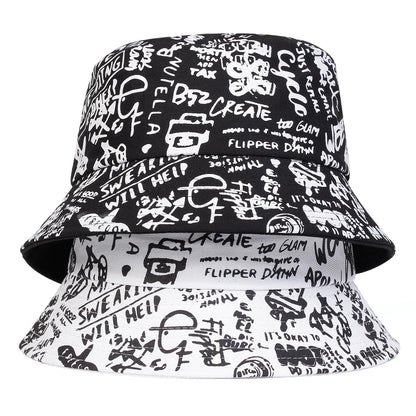 Unisex 88 Black White Graffiti Print Personality Bucket Hats Fishermen Caps