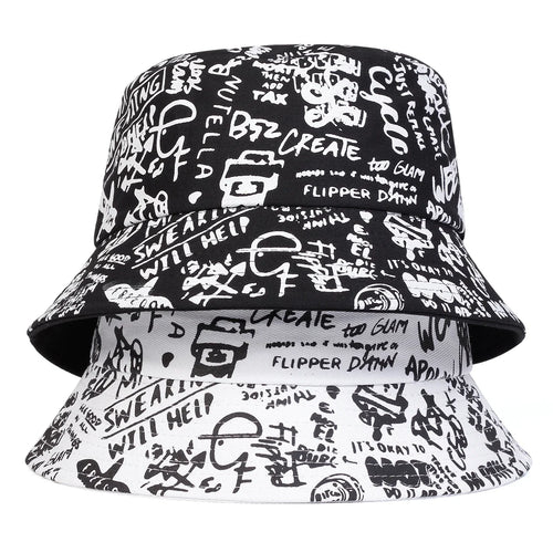 Unisex 88 Black White Graffiti Print Personality Bucket Hats Fishermen Caps