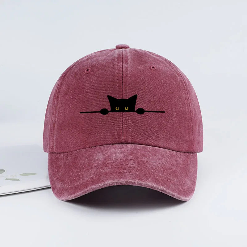 Retro Cartoon Cat Print Washed Baseball Cap