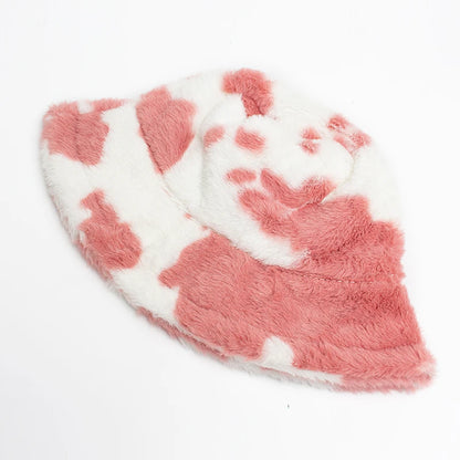 Women Bucket Hat Autumn And Winter Warm Cow Print Plush Fashion