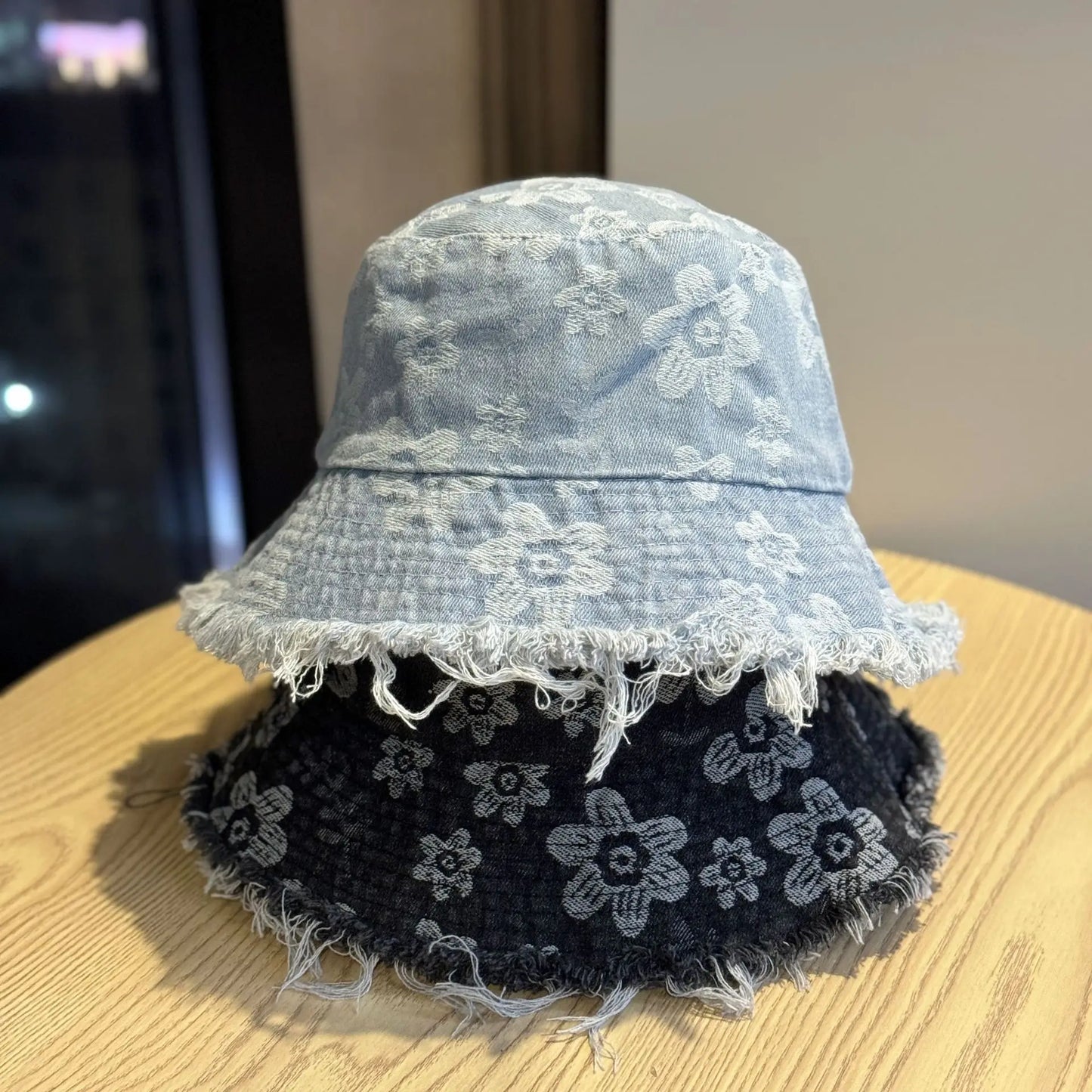 New Summer Embroidery Flower Washed Denim Bucket Hat