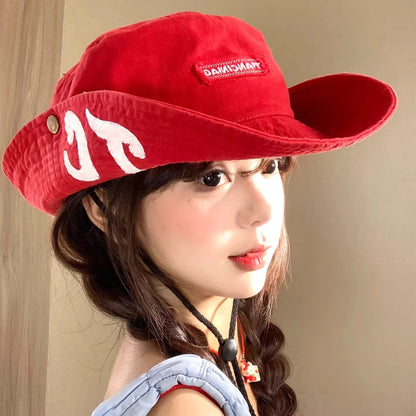 Retro Red Big Brim Letter Printed Bucket Hats