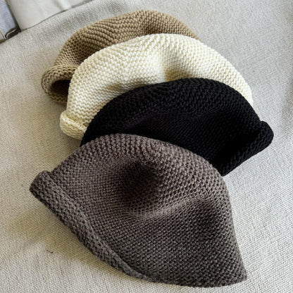 Women Wool Knit Bucket Hat Rolled Brim Warm Fisherman Cap For Autumn Winter