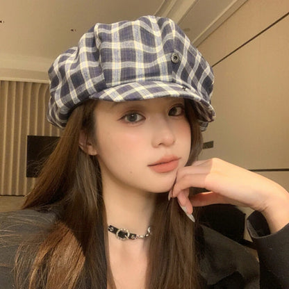 Retro Literary And Artistic Color Matching Plaid Berets Cap
