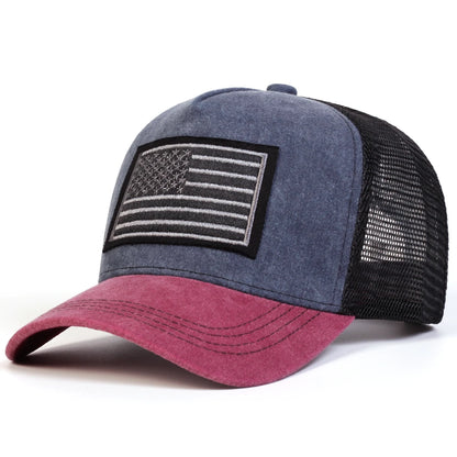 Unisex American Flag Embroidery Washed Baseball Net Caps Spring and Summer