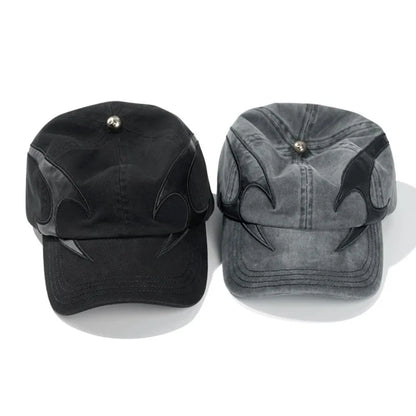 Dark Flame Embroidered Denim Baseball Cap - Washed Distressed Trucker Hat