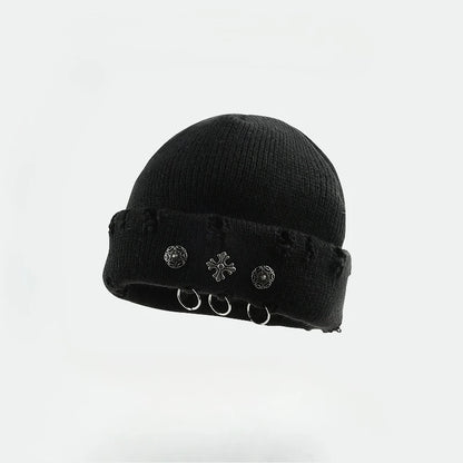 Street Hip-Hop Retro Cross Ring Perforated Woolen Hat For Women