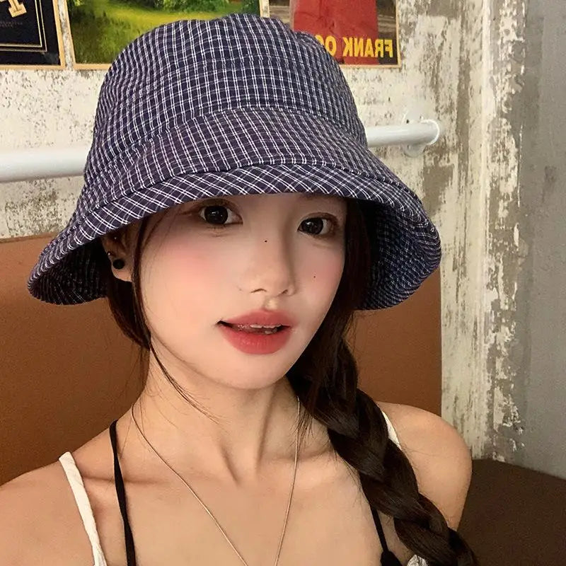 Fashion Summer Plaid Bucket Cap Curled Bow Plaid Sun Hat