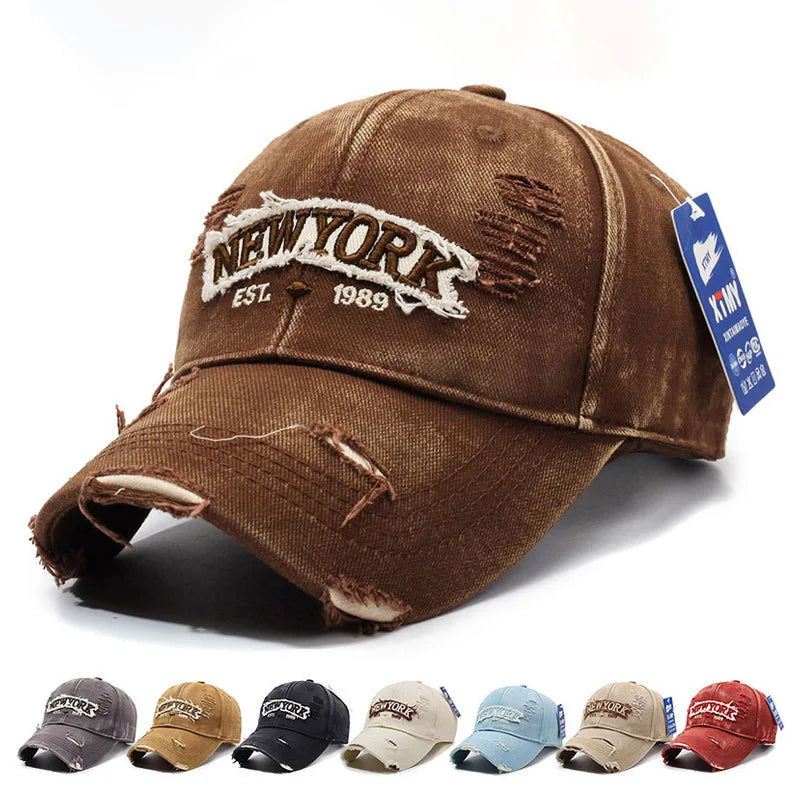 Letter New York Broken Hole Baseball Cap Washed Cotton