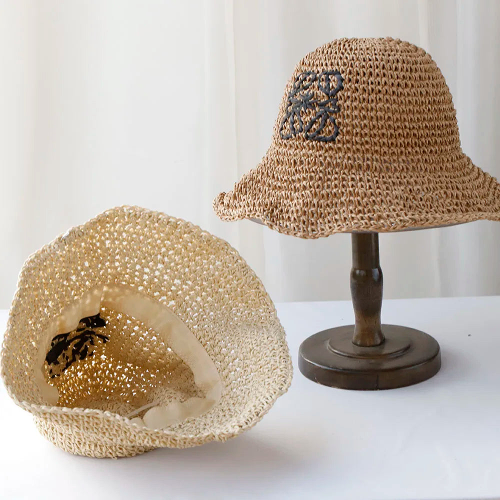 Women Beach Panama Straw Dome Bucket Hat