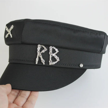 2025 Trendy Satin Letter RB Military Hats Crystal Flat Top Baker Boy Hat Visor