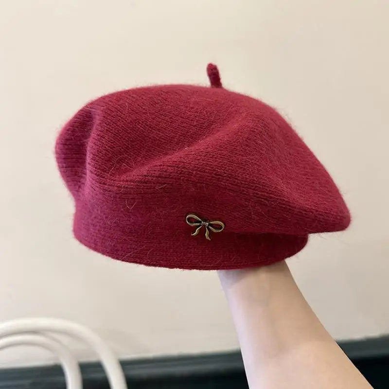 ‌Korean-Style Metal Bow Knitted Beret Women's Autumn/Winter