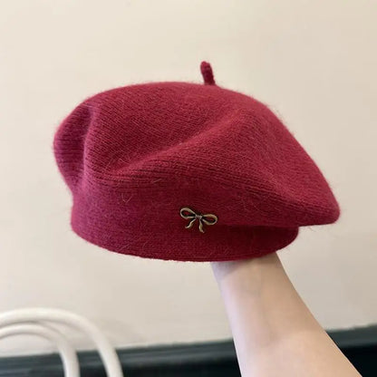 ‌Korean-Style Metal Bow Knitted Beret Women's Autumn/Winter