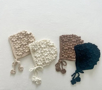 Baby Flower Hat Girls Hollow-Out Bonnet Jacquard Knitted Newborn Cap