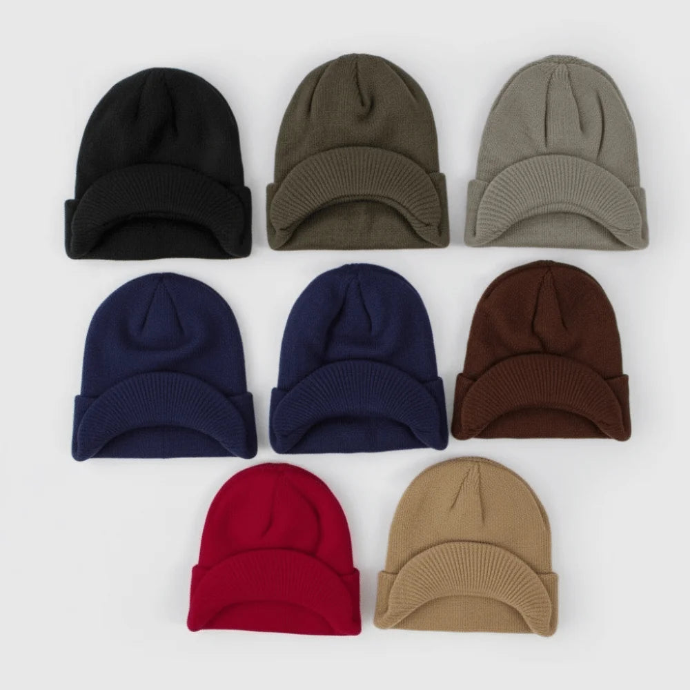 Solid Color Short Brim Beanie Cap Therma Soft Add Plush Lined Hat Outdoor