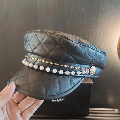 Europe And The United States Simple Light Luxury Plaid Leather Navy Hat