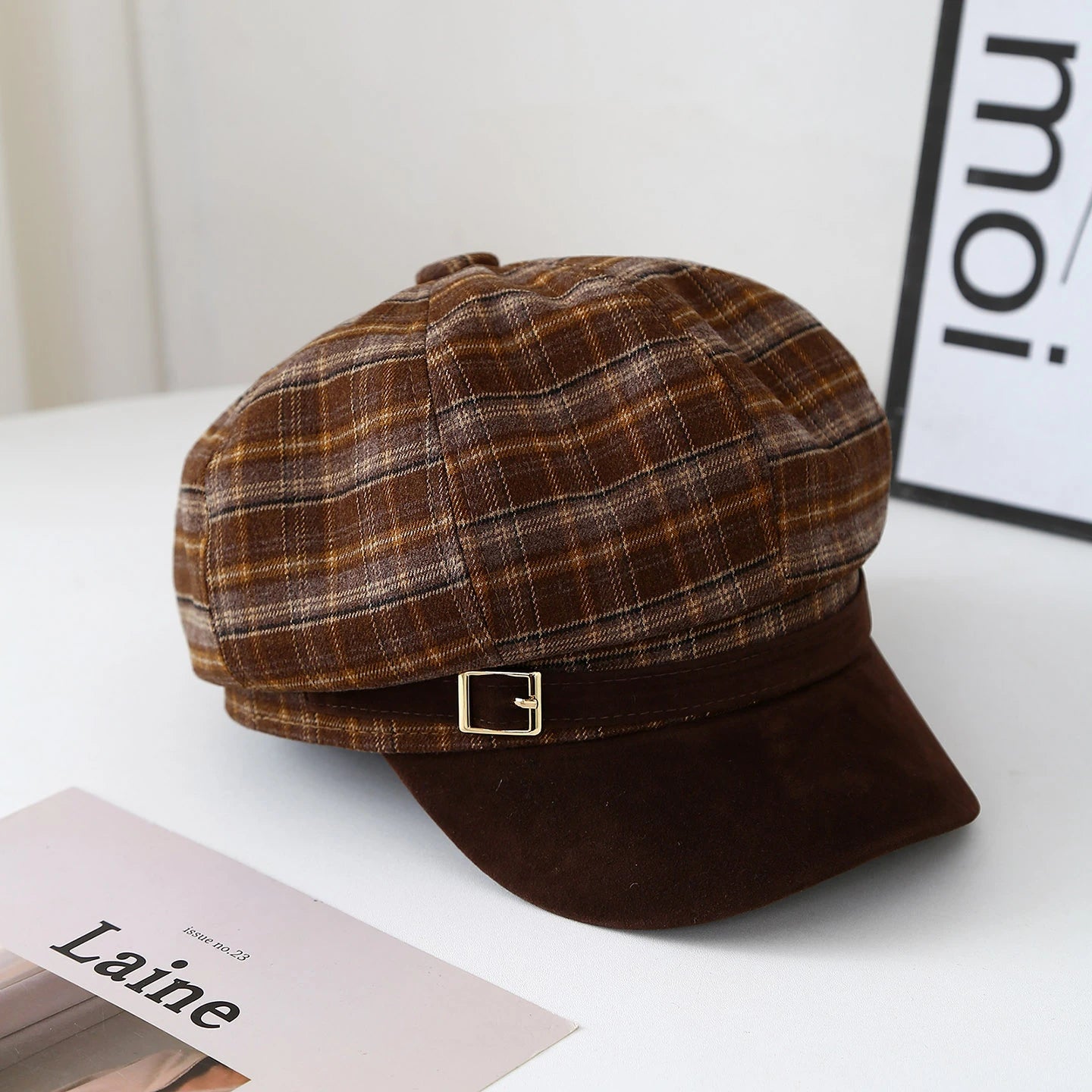 Vintage Red Plaid Beret Hat For Women Autumn Winter Newsboy Cap