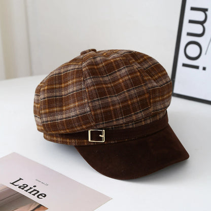 Vintage Red Plaid Beret Hat For Women Autumn Winter Newsboy Cap