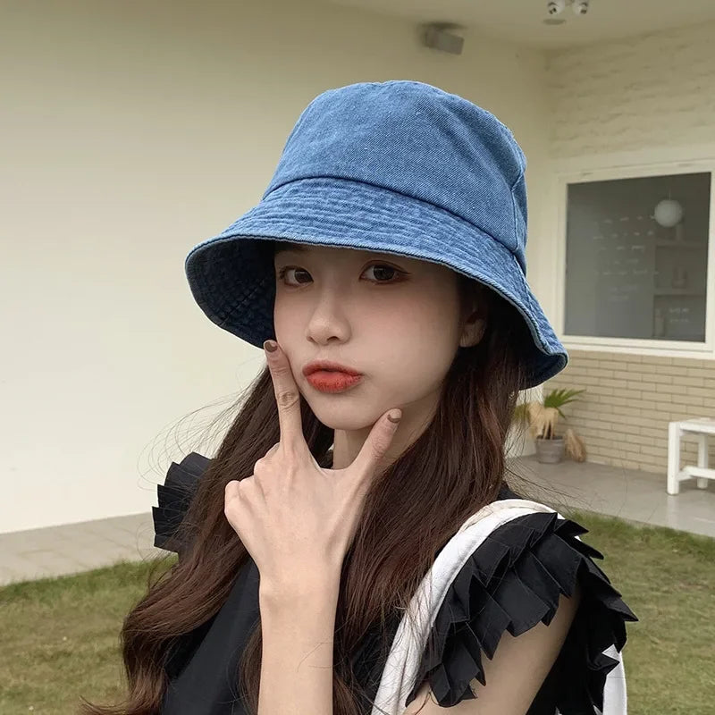 Women Washed Cotton Denim Bucket Hat Travel Hats