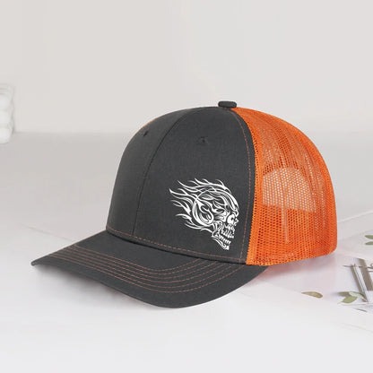 Flame Skull Print Trucker Cap Breathable Mesh Adjustable Cool & Bold Rocker Style Fashion Unisex Outdoor