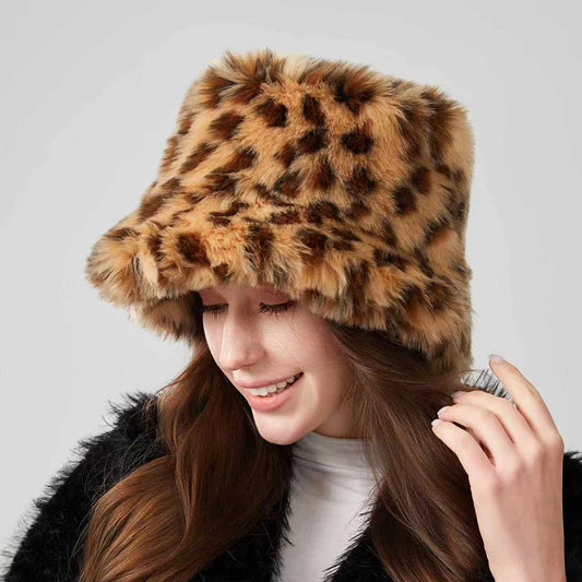 Retro Leopard Print Faux Fur Bucket Hat Winter
