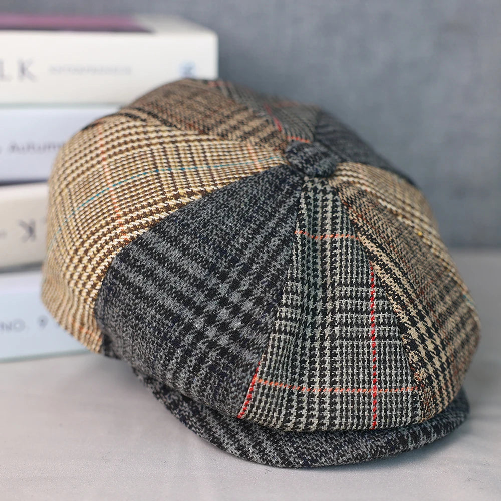 Men Newsboy Hats Wool Autumn Vintage Herringbone Octagon Cap