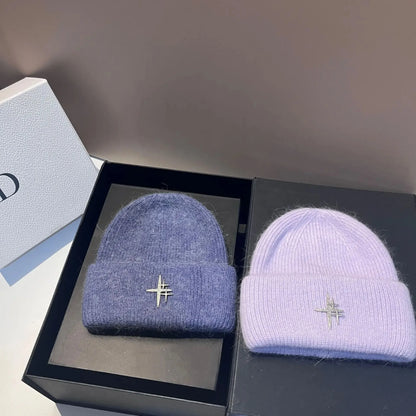Women Luxury Rhinestone Logo Warm Wool Ear Hat