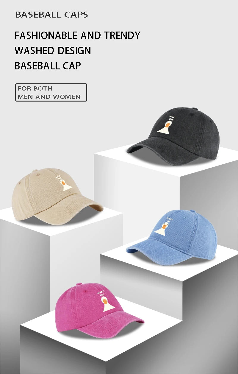 Washed Baseball Cap With What The Duck Print  Adjustable Curved Brim Dad Hat For Casual Streetwear & Daily