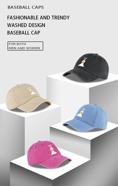 Washed Baseball Cap With What The Duck Print  Adjustable Curved Brim Dad Hat For Casual Streetwear & Daily