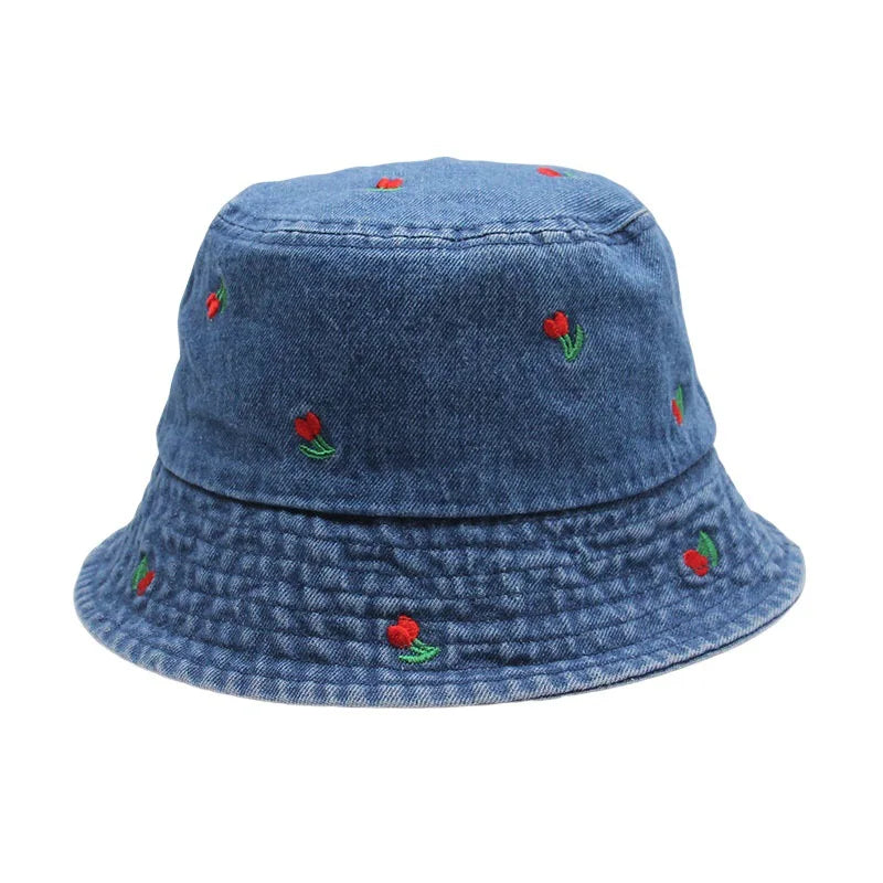 Summer Embroidery Cherry Washed Denim Bucket Hat For Women