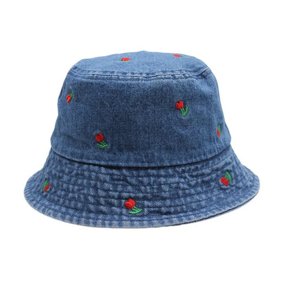 Summer Embroidery Cherry Washed Denim Bucket Hat For Women
